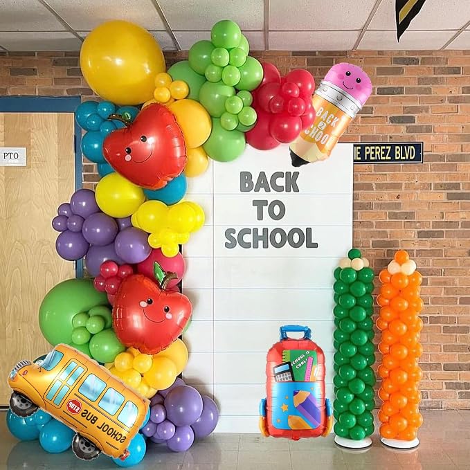 160Pcs Back To School Balloon Arch Garland Kit, Apples School Bus Pencil Schoolbag Rainbow Foil Balloons, First Day of School Classroom Kindergarten Graduation Decorations