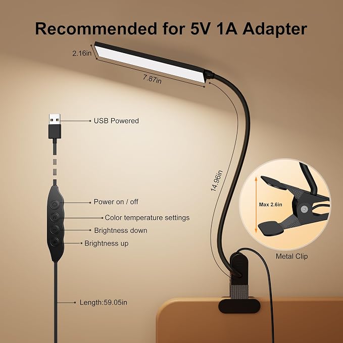 Vansuny Clip on Light LED Desk Lamp with Eye-Caring LED Light and Metal Clip, 6 Level Brightness 3 Color Modes, Power by USB Port 5W Adjustable Neck Reading Lamp for Home and Office (5W, Black)