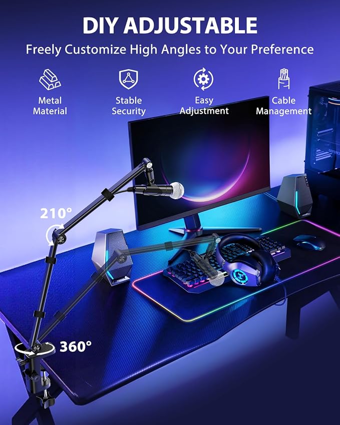 UBeesize Microphone Boom Arm, Aluminum Alloy Mic Arm Stand for Blue Yeti, HyperX QuadCast, Shure SM7B and Other Mic, 360° Rotatable Head Mic Arm Desk Mount with 3/8" to 5/8" Adapter for Podcast Gaming