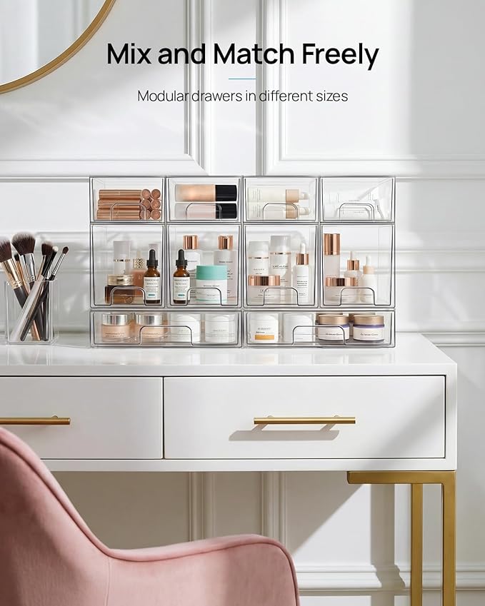 Vtopmart 8 Pack Small Clear Stackable Storage Drawers, Acrylic Bathroom Makeup Organizer, Plastic Storage Bins for Vanity, Undersink, Kitchen Cabinets, Pantry, Home Organization