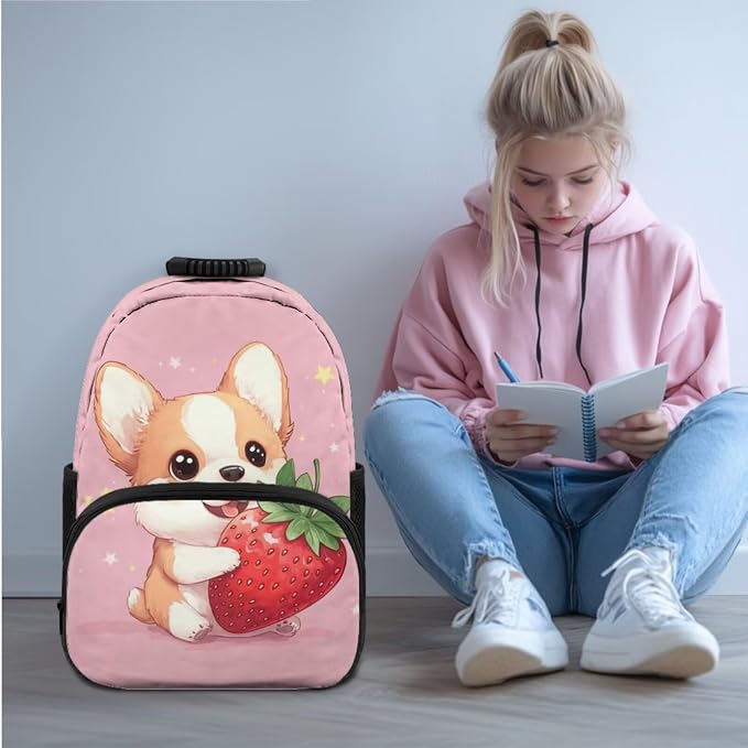 Ystardream Cartoon Corgi School Bag for Girls Backpack with Lunch Box Pencil Case Water Bottle Sleeve 4 Pcs Bookbag with Adjustable Straps Backpack for Little Big Kids Daily Use Comfortable