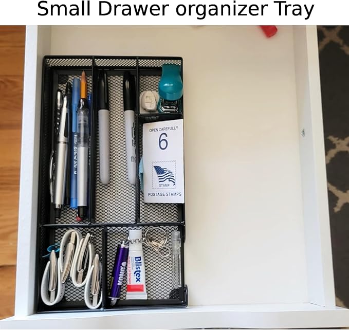 Desk Drawer Organizer Tray, Small Metal Mesh Desk Organizer Tray with 6 Compartments, Office Pencil Drawer Organizer Accessories for Stationery, Desktop, Bathroom, Kitchen, Makeup, Vanity, School