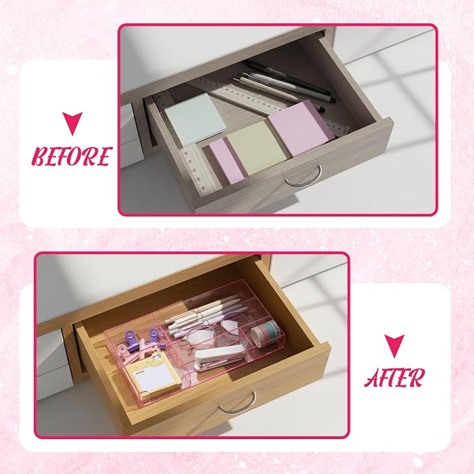 Briwooody Pink Acrylic Drawer Organizer,6 Compartments,Small | 11 x 6.1 x 1.38 Inch Desk Storage Tray Organizer for Pen, Stationery, Desktop, Office, Bathroom, Kitchen, Makeup Supplies