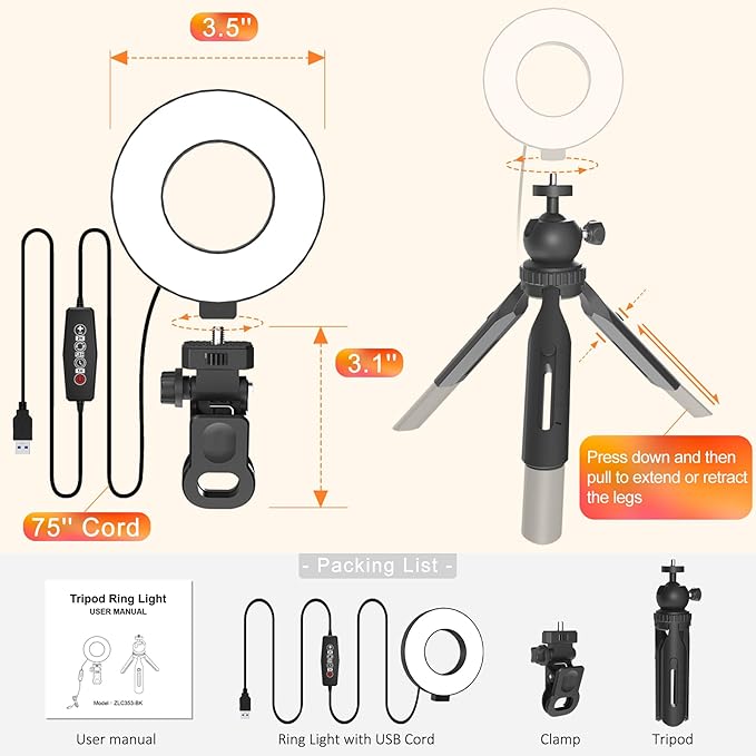 Ring Light with Tripod and Clamp, [3 Color, 5 Brightness & Timer] USB Plug Clip On Lights for Laptop Working Distance Learning Zoom Call Self Broadcasting Live Streaming Video Conference Lighting