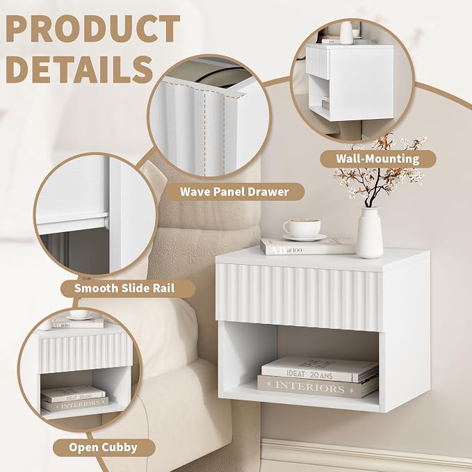 Floating Nightstand Set of 2, Modern Wall Mounted Bedside Tables with Fluted Drawer, Night Stand Small End Table with Open Storage Shelf for Bedroom, Living Room, Small Spaces, White