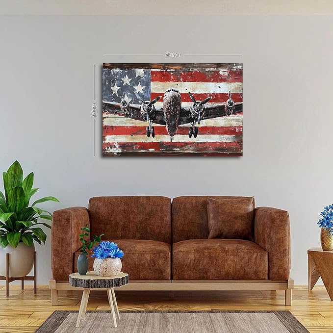 Vintage American Flag Airplane Wall Art Old Engine Aircraft Pictures for Living Room Retro Propeller Wall Decor Poster Aviation Canvas Prints Modern Artwork Bedroom Office Home Decorations 32x48"