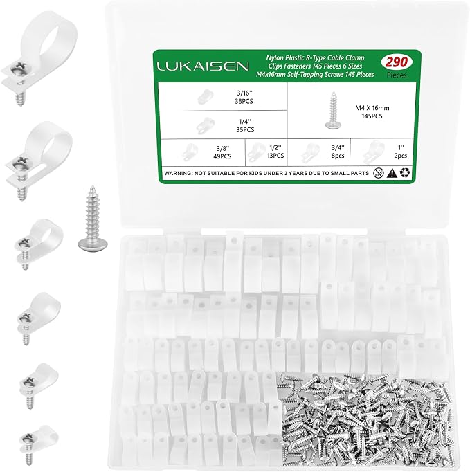 290 Pcs White R-Type Nylon Cable Clamps with M4 Screws Kit | Good Ductility, Fireproof, 6 Sizes (3/16'' 1/4'' 3/8'' 1/2'' 3/4'' 1''), 145pcs M4 Screws, for TV/PC/AC Cables & Wires.
