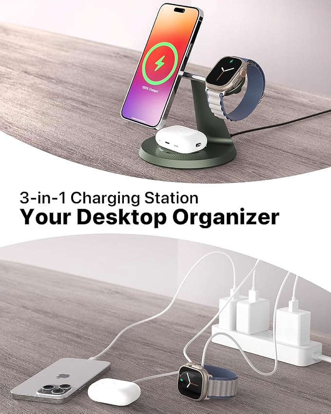 ZECHIN 3 in 1 Wireless Charging Station for Apple Devices with MagSafe | Charging for iPhone 17/Air/16/15/14/13, AirPods, Apple Watch, Weighted Stable Charging Stand, USB-C Adapter Included