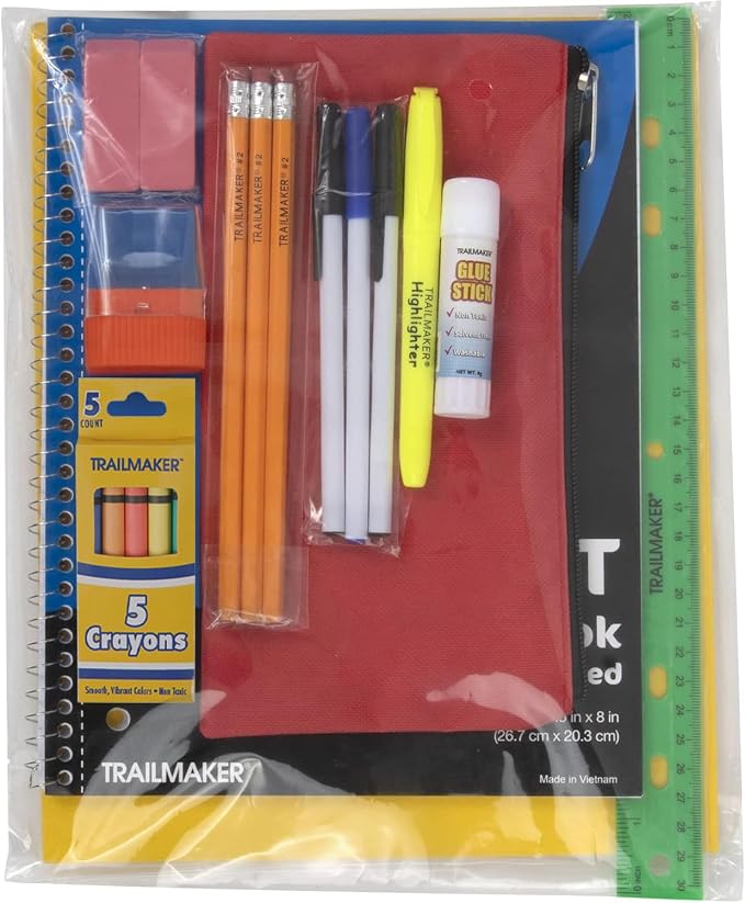 Trailmaker 24 Pack Bulk School Supply Kits | 20 Piece Back to School Supply Set for Elementary & Middle School | Notebooks, Crayons, Pencils & Essentials | For school drives, classrooms, nonprofits & student donations