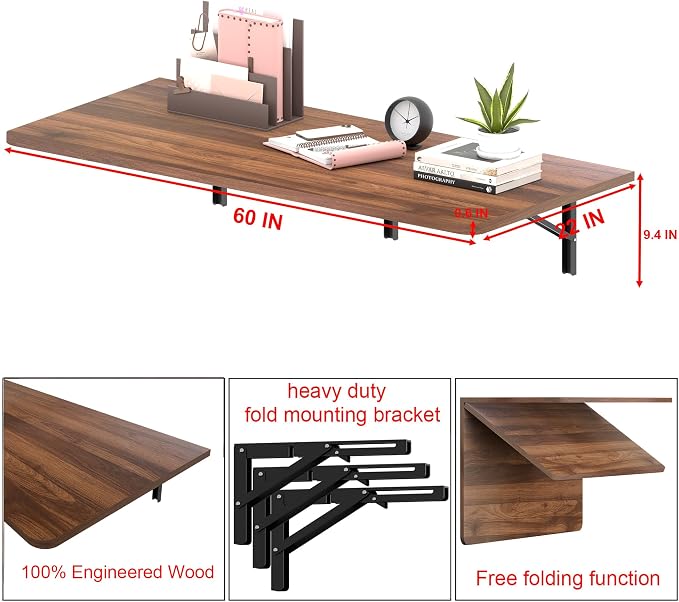 IAE 60" x 22" Floating Foldable Desk,Wall-Mounted Folding Computer Table with Engineered Wood,Study Table with Shelf Brackets,Fold Down Shelf,Fold Computer Desk for Small Apartment,Holds 500 lb,Walnut