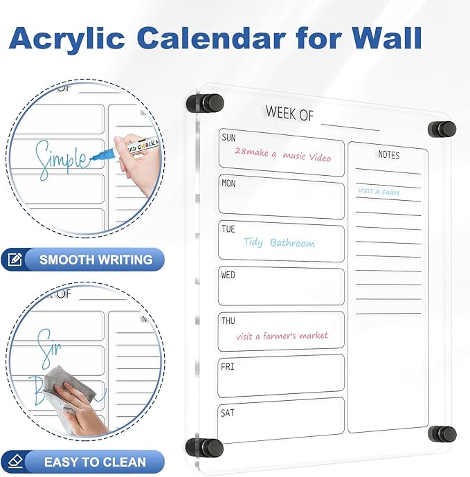 Acrylic Calendar for Wall Whiteboard, 14" x 12" Weekly Clear Dry Erase Board, Small Planning Board White Board for Wall, Home, Office, School, 2 Markers