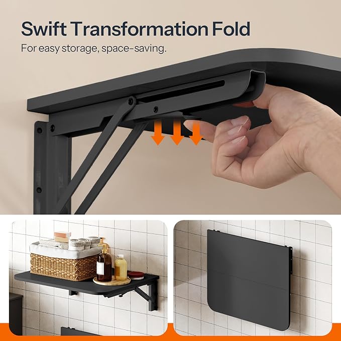 HOOBRO Folding Table, Wall Mounted Floating Desk with Iron Bracket, Drop Leaf Table for Small Spaces, Kitchen, Laundry Room, Home, Office, Black BK054BZ01