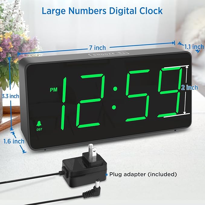 Peakeep Digital Alarm Clock for Bedrooms Bedside, Loud for Heavy Sleepers | Large Big LED Numbers Dimmable for Seniors, Battery Backup Plug in Electric Clock with USB Charger(Green)