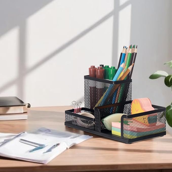 Comix Mesh Pen Holder, Desk Organizer for Home Office, Black | 3 Compartment Pencil Holder, Sticky Notes Holder, Pen Organizer Office Supplies