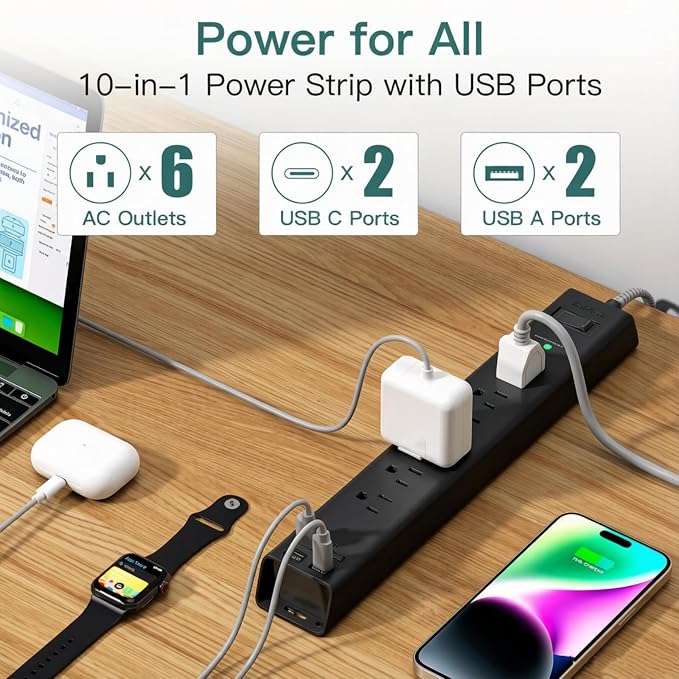 Addtam Power Strip Surge Protector with 6 Outlets and 4 USB Ports (2 USB-C), 6FT Braided Extension Cord, Flat Plug Power Strip with On/Off Switch, Wall Mount Charging Station for Home Office Dorm Room