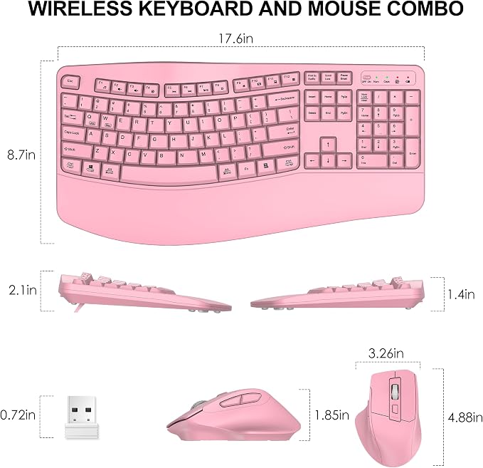 Wireless Keyboard and Mouse Combo, 2.4G Full Size Wave Keys Ergonomic Keyboard with Wrist Rest and 3-Level DPI Adjustable Wireless Ergonomic Mouse for Windows, Mac OS Desktop/Laptop/PC(Pink)