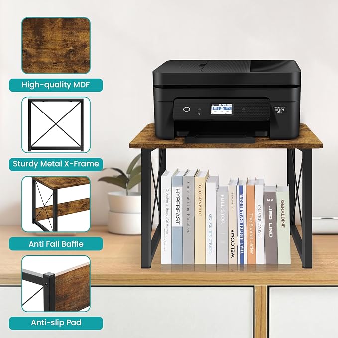 ELITEROO Desktop Printer Stand, Printer Stand Shelf Desk Organzier | Multi-Purpose Printer Riser Under Desk Small Table for Printer Fax Machine Copier, Home, Office, Rustic Brown