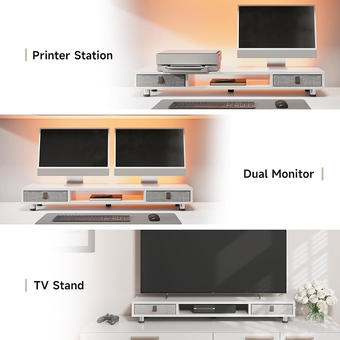 Fenge Dual Monitor Stand, 2-Tier Desk Organizer with Drawers, 42.5in, White | Storage Fabric Drawer, Ergonomic Height Adjustable, Desk Shelf for Top of Desk, Laptop, PC, TV, Home Office Organization