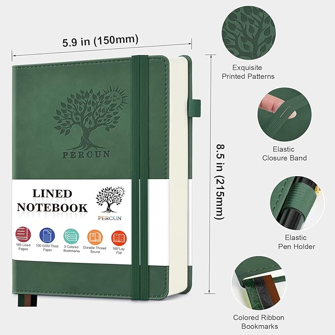 PERCUN Lined Journal Notebook for Men & Women, 160 Pages Leather Journals for Writing, A5 Hardcover Notebooks for Note Taking, Work, School, Business, Travel,Daily Diary 5.9" x 8.5" (Green)
