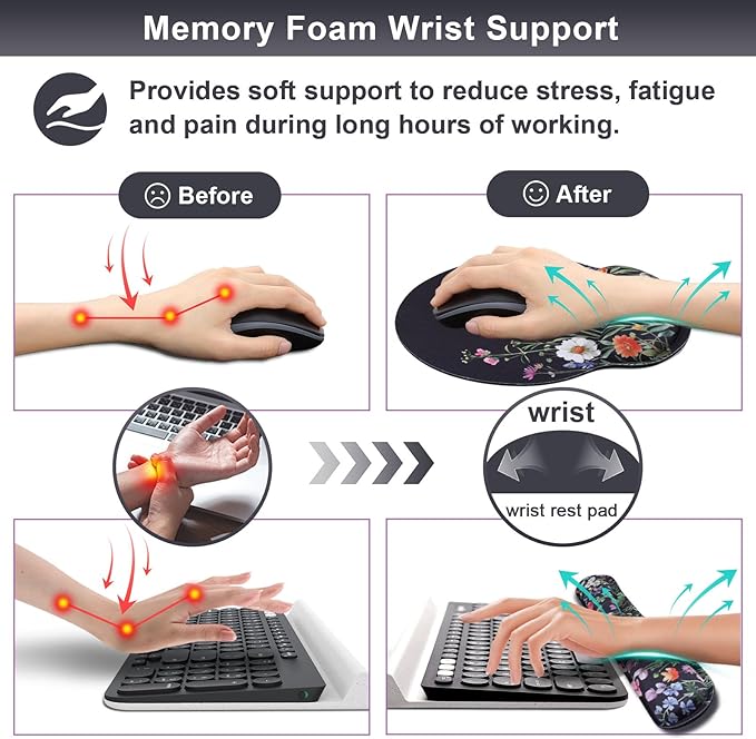 Wildflower Mouse Pad with Wrist Rest and Keyboard Wrist Rest Set, Black Floral Ergonomic Memory Foam Mouse Pad Set for Women, Office Desk Accessories, Gaming Use