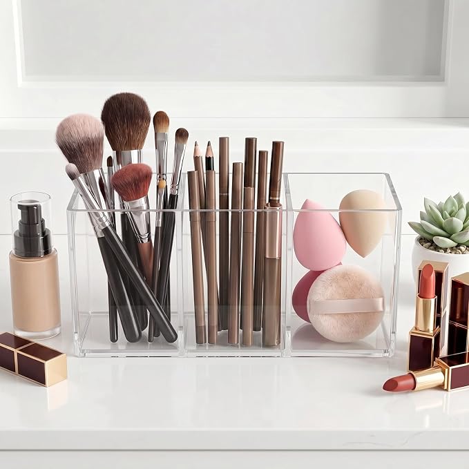 Acrylic Pen Holder, Clear Makeup Brush Holder for Vanity, 3-Compartment Desk Organizer for Office and Bathroom, Pencil Cup Stationery Organizer