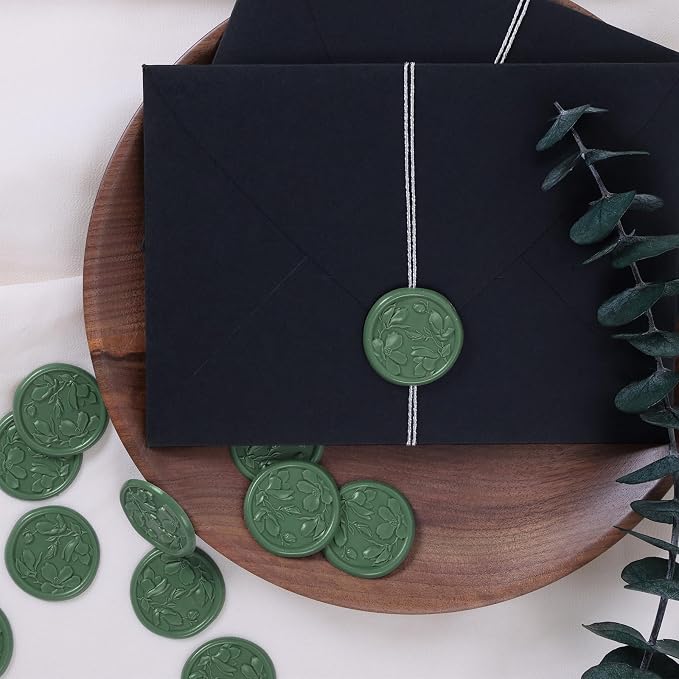 UNIQOOO Wax Seal Stickers - 3D Magnolia Wedding Invitation Envelope Botanical Seal Stickers, 50 Pcs Self- Adhesive Olive Green Sticker, Perfect for Invitation, Christmas, Gift Wrapping, Party