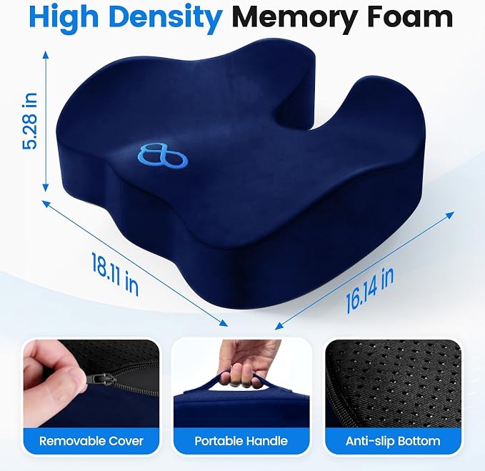 Seat Cushion, Non-Slip Memory Foam Chair Cushion for Taibone, Blue/X-Large | Chair Pillow with Handles for Car Office Chair, Tailbone/Sciatica Easing& Post-Surgery Recovery Chair Cushion