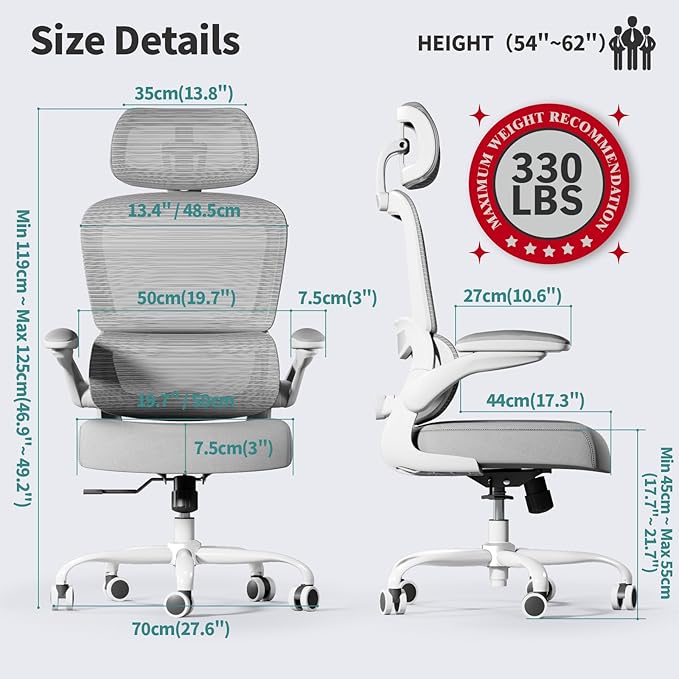 TRALT Office Chair Ergonomic Desk Chair, 330 LBS Home Mesh Office Desk Chairs with Wheels, Comfortable Gaming Chairs (Light Grey)