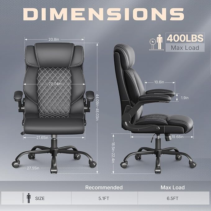 Office Chair-Executive High Back Breathable Big and Tall Office Chair Flip-up Armrests Lumbar Support-Ergonomic Leather Rolling Swivel Chair with Rock Function for Working Studying Gaming,Black