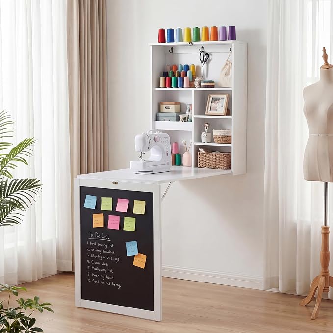 Giantex Foldable Wall Mounted Desk, Convertible Writing Desk with Storage Shelves, Hooks & Chalkboard, Space-Saving Fold-Up Table, Corner Floating Laptop Table for Small Spaces, Home Office, White