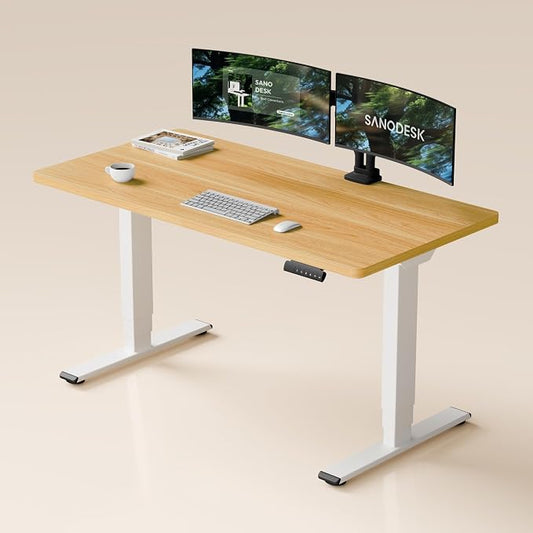 SANODESK Dual Motor Standing Desk 220lbs Height Adjustable Desk | 55"x28" Spacious One-Piece Maple Desktop & White Frame, 4 Memory Presets, 3-Stage Legs, 220lbs, 2-Box for Home & Office