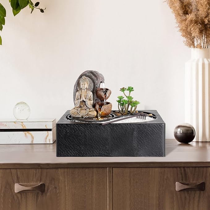 Dyna-Living Water Fountains Indoor Small Tabletop Water Fountain Waterfall Fountain with Zen Garden LED Warm Light Buddha Fountains Indoor for Home Zen Room Decor