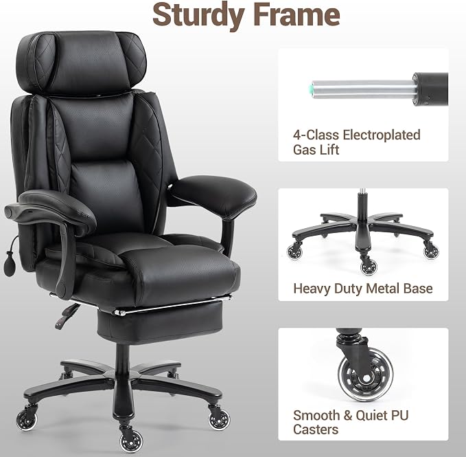 750 LBS Big and Tall Executive Home Office Chair w/Footrest, Black | PU leather, Built for Heavy People, Lumbar Airbag, High Back, Wide Seat, Reclining 90°-155°, Home Office Gaming Room