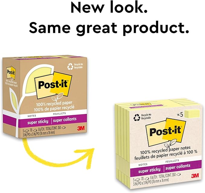 Post-it 100% Recycled Paper Super Sticky Notes, Canary Yellow, 3 in. x 3 in., 5 Sticky Note Pads, 70 Sheets per Pad, New Year Organization or Second Semester School Supplies