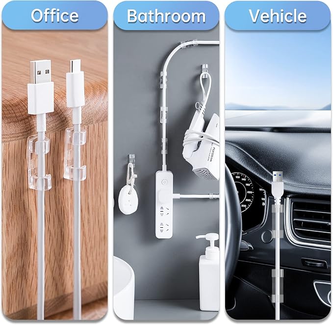50 Cable Clips, Clear Cord Organizer, Cable Management Desk Wall | Self-Adhesive with 100 Screws for Damage-Free Mounting on Wood Glass Metal and Painted Surfaces