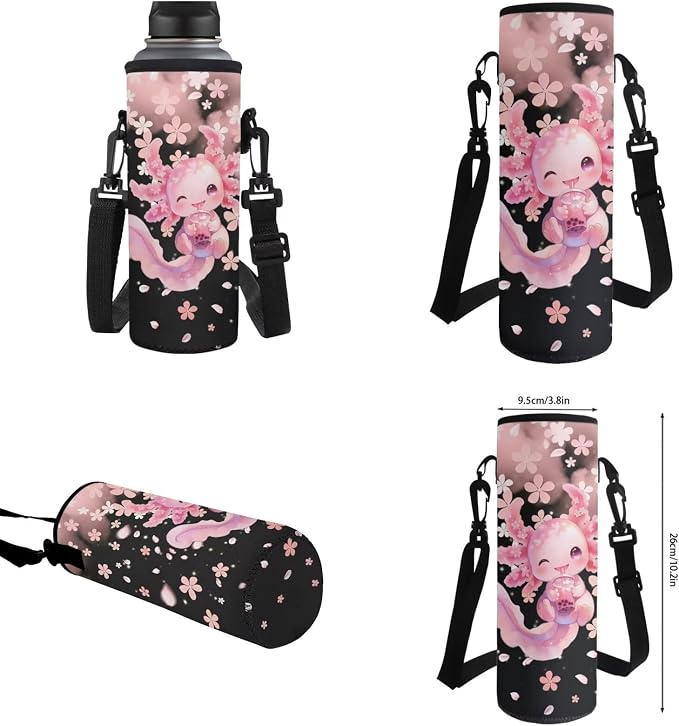 WELLFLYHOM 17 Inch Axolotl School Backpack for Kids Girls, Cherry Blossom 4PCS Set Pink Elementary Bookbag with Lunch Box for 6-11 Years, Back to School Supplies