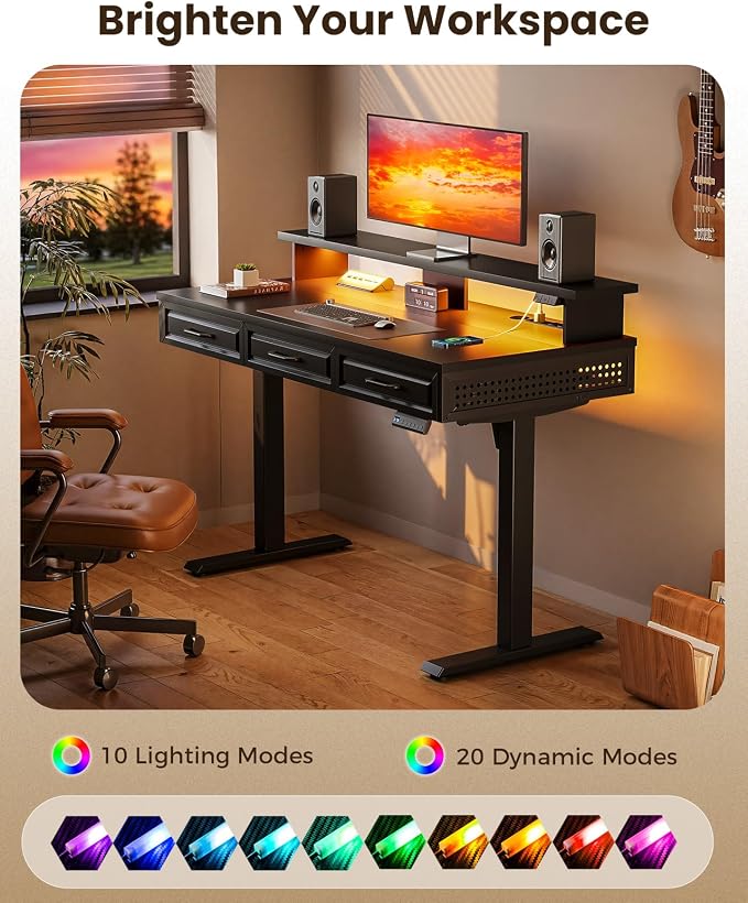 OffiGo 48 Inch Electric Standing Desk, Black, 3 Wood Drawers, Monitor Stand | 3 Outlets & 2 USB Ports, 20 LED Modes, 3 Memory Heights, 29.9"-46.1" in Range, Cable Management Tray, 154 lb Capacity