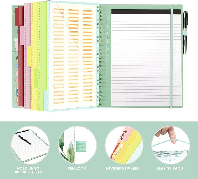 Ospelelf Clipboard with Storage, Leather Padfolio Portfolio Organizer 5 Folders with 10 Pockets, Spiral Clipboard Folio with Notepad for Letter Size, Elastic Closure and Pen Loop Green Plants