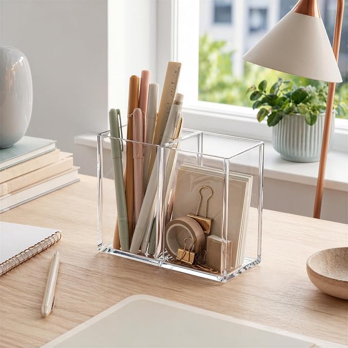 Gejoy 20 Pcs Acrylic Pencil Pen Holder Clear Makeup Brush Organizer 2 Compartments for Desktop Stationery Office Bedroom