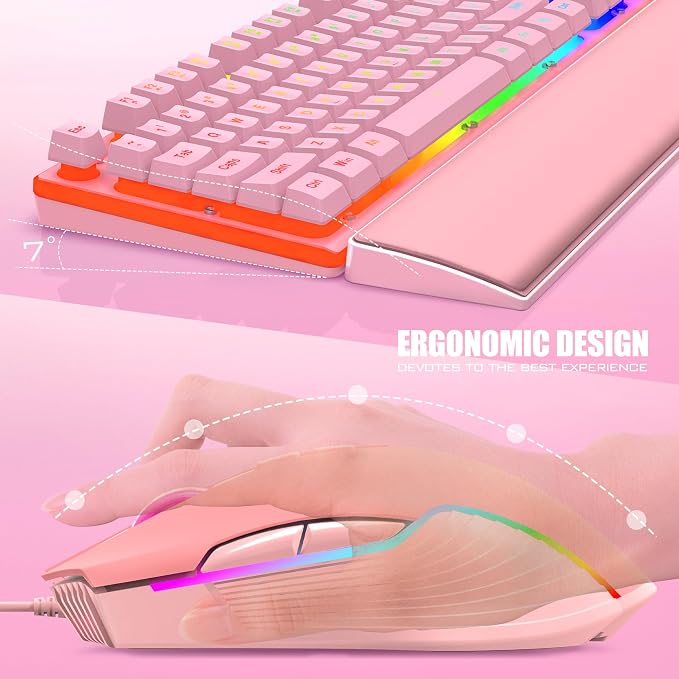 RedThunder K10 Wired Gaming Keyboard and Mouse and Wrist Rest Combo, RGB Backlit, Mechanical Feel Anti-ghosting Keyboard + 7D 7200 DPI Mice+Soft Leather Wrist Rest 3 in 1 PC Gamer Accessories(Pink)