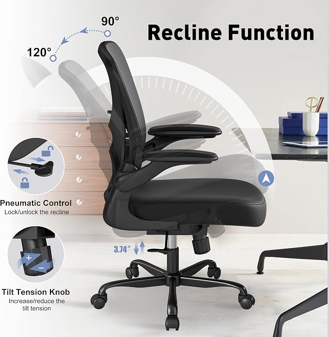 Ergonomic Office Chair with Adjustable Lumbar Support, 300 lbs Swivel Desk Chair with Flip-Up Arms, Mesh Comfy Padded Seat for Computer and Home, Black