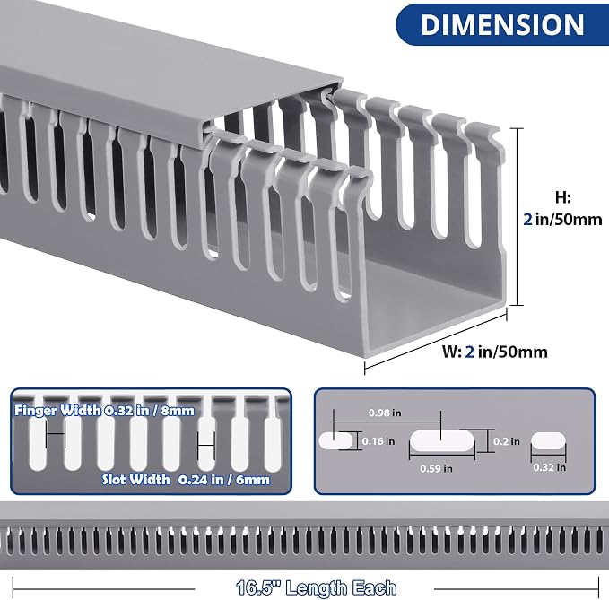 2" H x 2" W Cable Raceway, 132in Under Desk Wire Management Channel, Grey | Slotted Wire Duct, 8Pack, 16.5in Each, Heavy-Duty PVC Cable Management for Server Racks, Network Cables & Electrical Cabinets