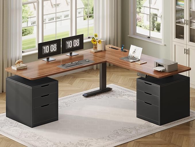 SEDETA L Shaped Electric Standing Desk with 6 Drawers, 66.9" x 57.1" Height Adjustable Stand Up Desk with Power Outlets, 3 Memory Heights, Sit Stand Computer Desk for Home Office, Black + Brown