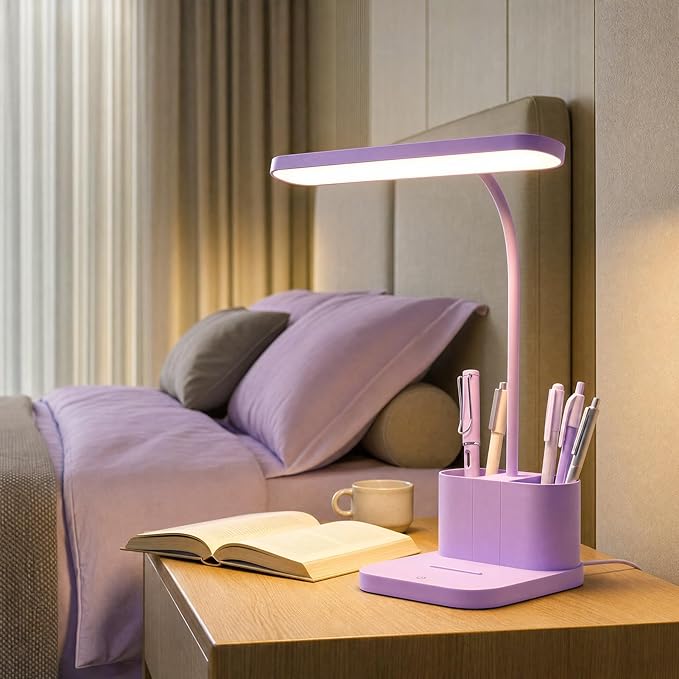 AXX Purple Desk Lamp for Home Office, Cute LED Table Light for Bedroom, College Dorm Room Kawaii Accessories for Kids Teen Girls