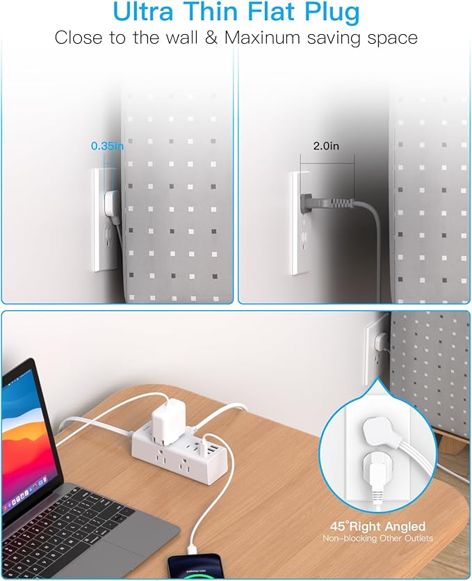 15Ft Extension Cord with Multiple Outlets, Flat Plug Power Strip Surge Protector with 15 Ft Long Cord, 6 Outlet 3 USB Ports (2 USB C), Multi Outlet Wall Plug for Travel, College, Dorm Room Essentials