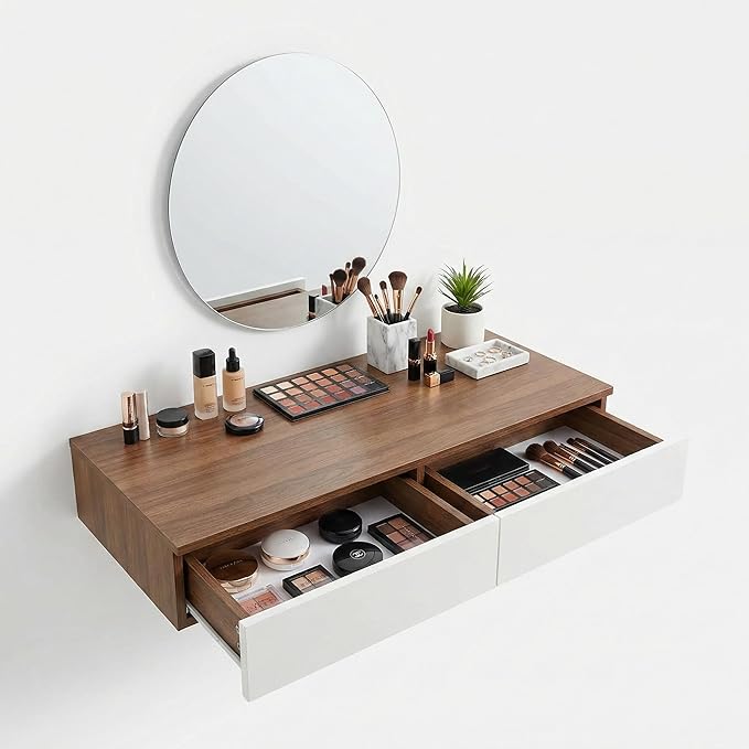 Wall Mounted Floating Vanity Desk with 2 Storage Drawers Modern MDF Makeup Table – 39.4 x 15.7 x 5.9 in (100 x 40 x 15 cm), Space-Saving Makeup Table for Bedroom or Small Spaces (Brown)