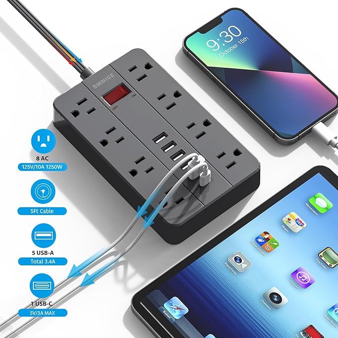 Power Strip with USB,SMNICE Power Strip Flat Plug with 8 Widely-Spaced Outlets & 6 USB(1USB C) Ports, Wall Mountable 5ft Extension Cord for Smartphone Tablet Laptop Computer Multiple Devices