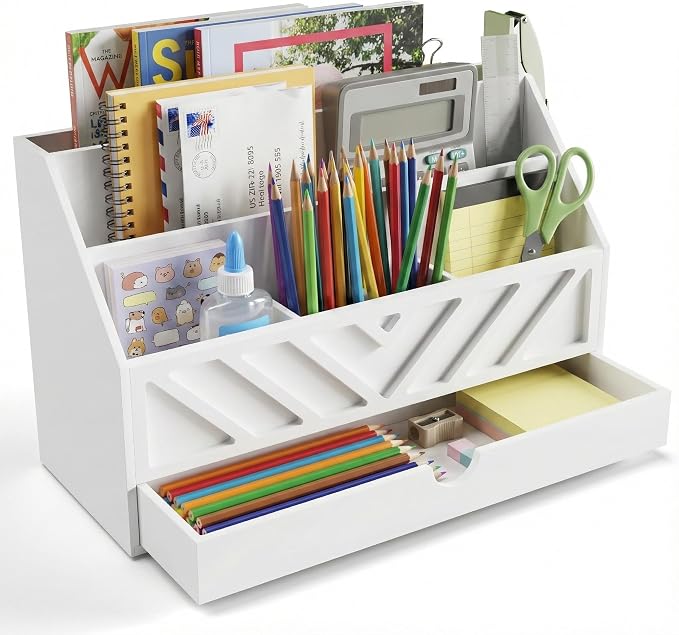 SRIWATANA White Desk Mail Organizer with Drawer, 5 Slot Countertop Sorter | Pull-out Drawer Storage, 5 Compartment Mail Sorter, Holds Letters Bills Envelopes Receipts, for Home Office
