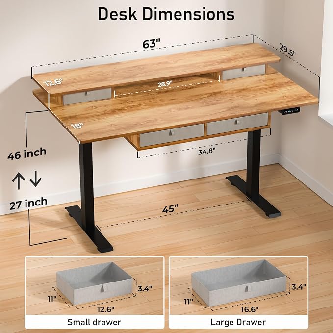 Electric Standing Desk with 4 Drawers, 63 * 30 Inches Extra Large Desktop, Electric Desk Adjustable Height with Storage, Home Office Workstation (Light Rustic Brown)