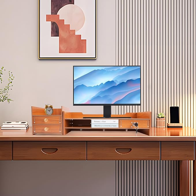 Wooden Computer Monitor Stand Riser Laptop Monitor Riser for PC Screen, iMac, Desktop Wooden Screen Monitor Stand Riser with 3 Drawers for Home Office Desk Organizer, Monitor Stand with Storage